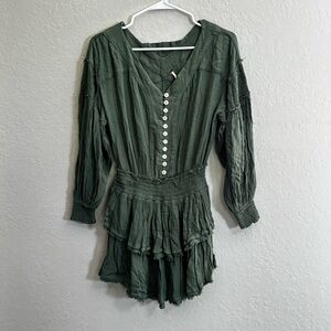 Free People Olive Green Buttoned Tiered Mini Dress
